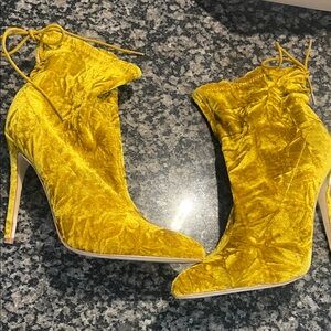 Mustard, yellow boot, cut heels in great condition